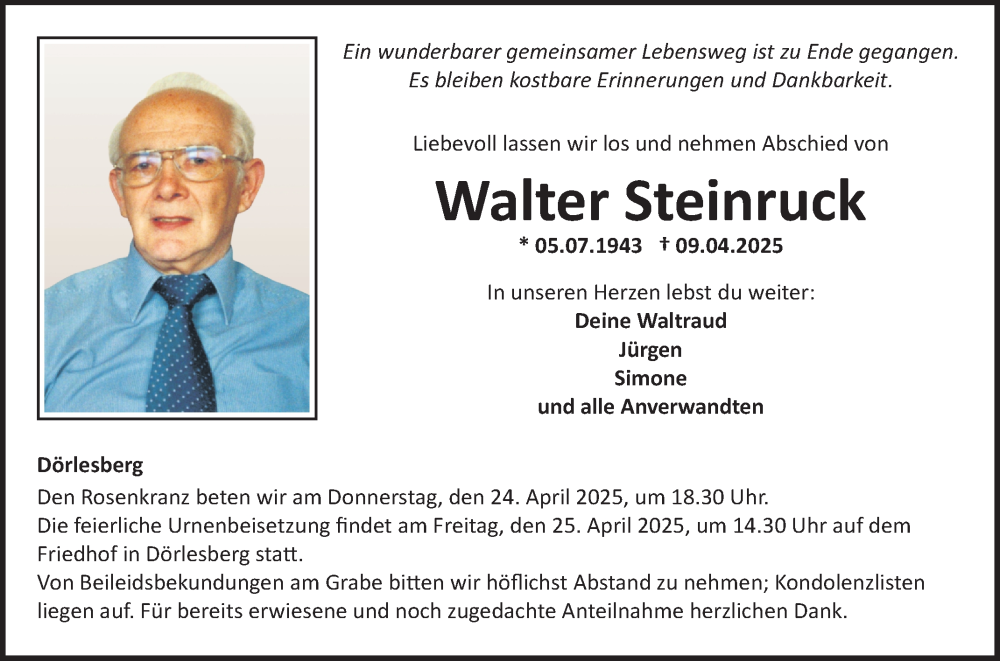  Traueranzeige für Walter Steinruck vom 19.04.2025 aus Fränkische Nachrichten