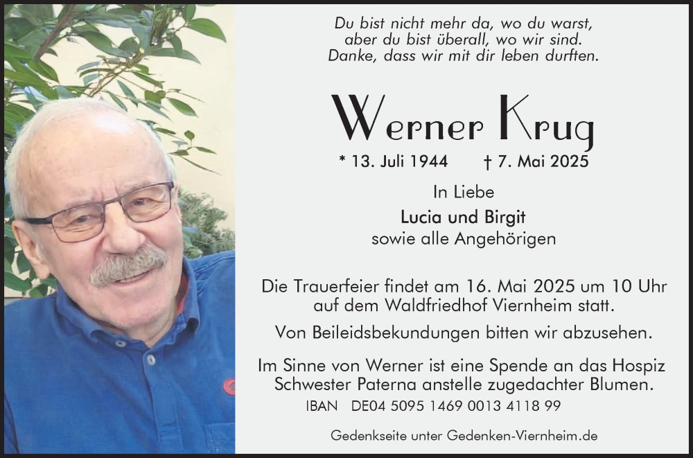  Traueranzeige für Werner Krug vom 12.05.2025 aus Mannheimer Morgen