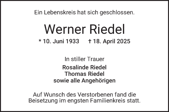 Traueranzeige von Werner Riedel von Mannheimer Morgen