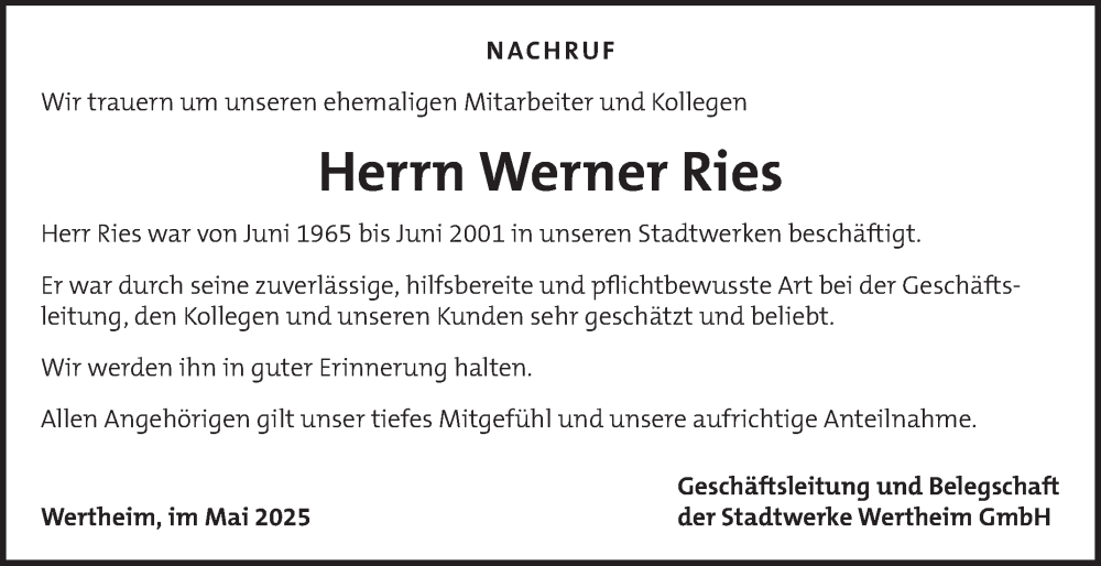  Traueranzeige für Werner Ries vom 16.05.2025 aus Fränkische Nachrichten