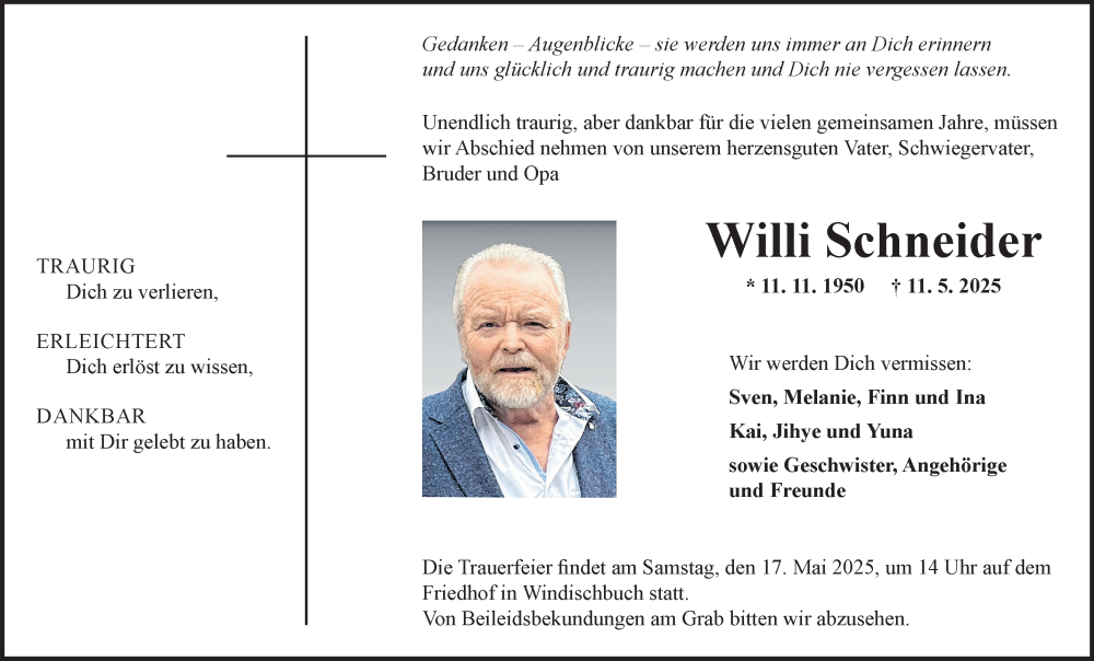  Traueranzeige für Willi Schneider vom 15.05.2025 aus Fränkische Nachrichten