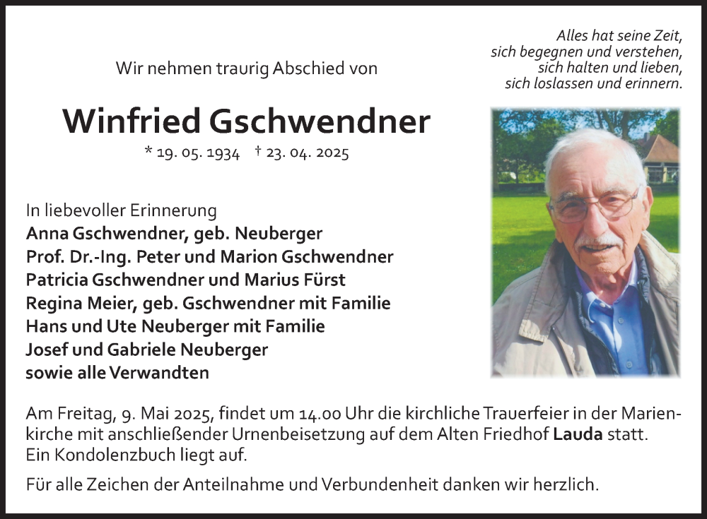  Traueranzeige für Winfried Gschwendner vom 03.05.2025 aus Fränkische Nachrichten
