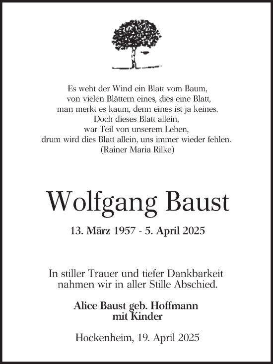 Traueranzeige von Wolfgang Baust von Schwetzinger Zeitung