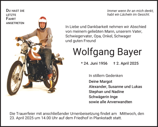 Traueranzeige von Wolfgang Bayer von Schwetzinger Zeitung