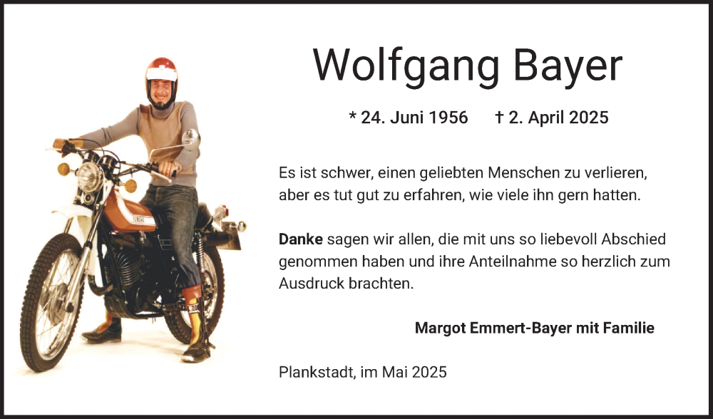  Traueranzeige für Wolfgang Bayer vom 03.05.2025 aus Schwetzinger Zeitung