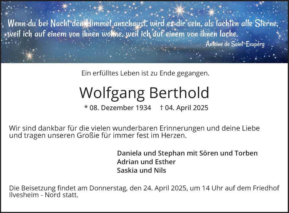  Traueranzeige für Wolfgang Berthold vom 19.04.2025 aus Mannheimer Morgen