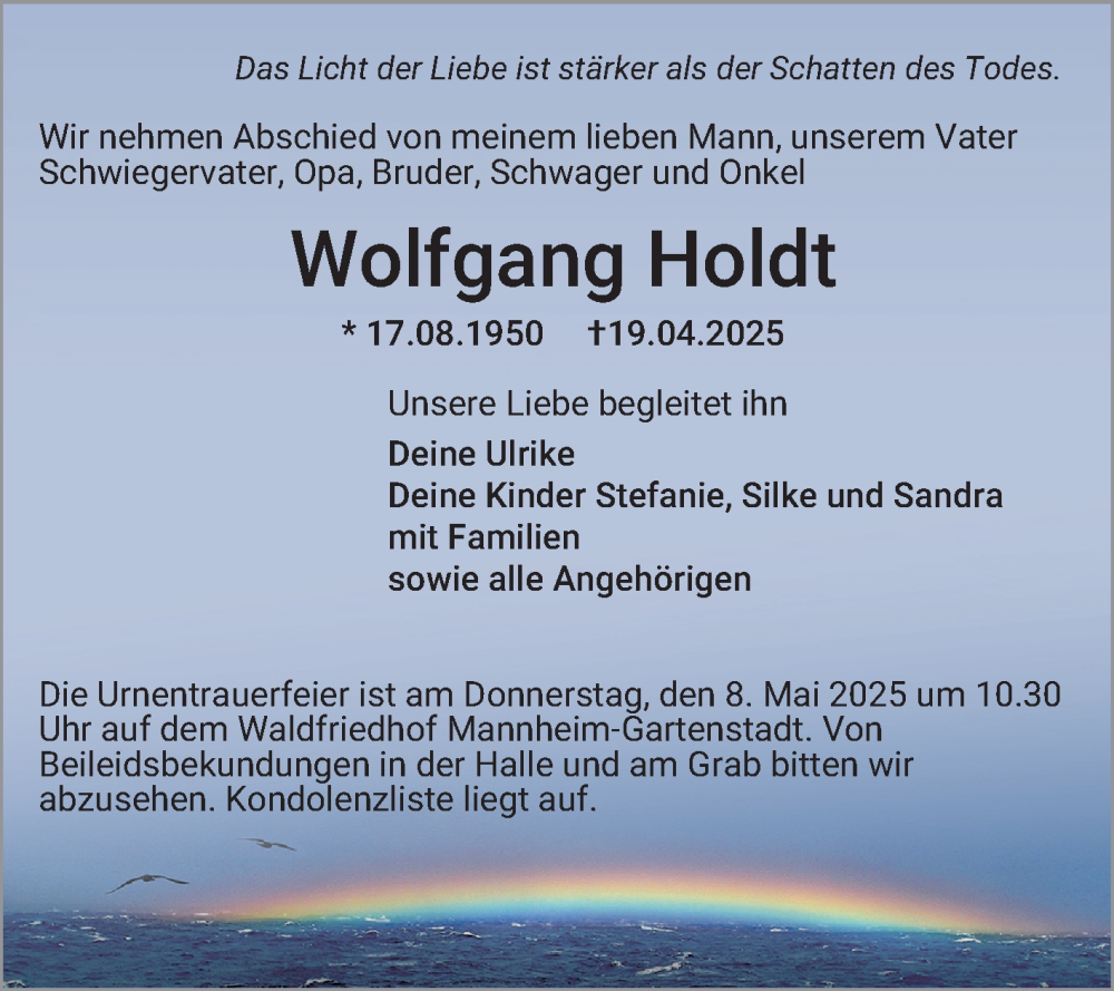  Traueranzeige für Wolfgang Holdt vom 03.05.2025 aus Mannheimer Morgen