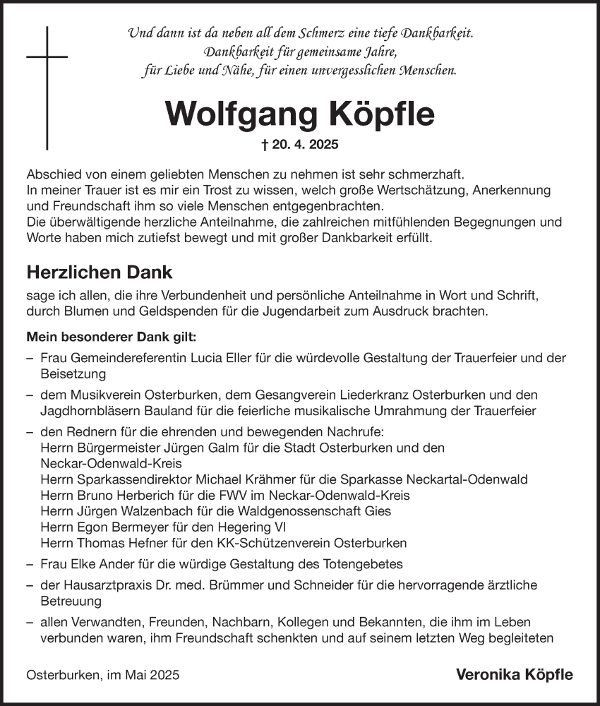  Traueranzeige für Wolfgang Köpfle vom 10.05.2025 aus Fränkische Nachrichten