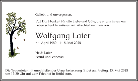 Traueranzeige von Wolfgang Laier von Schwetzinger Zeitung