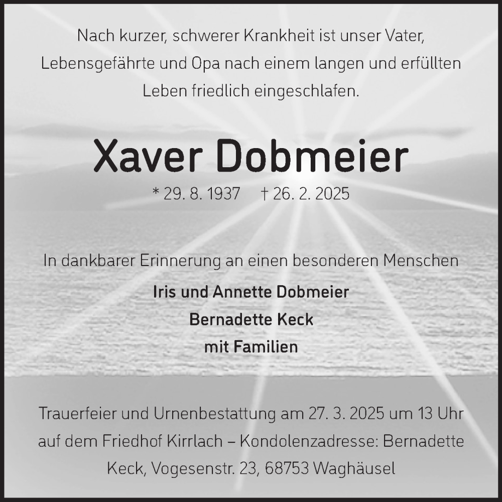  Traueranzeige für Xaver Dobmeier vom 18.03.2025 aus Fränkische Nachrichten