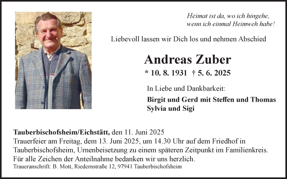  Traueranzeige für Andreas Zuber vom 11.06.2025 aus Fränkische Nachrichten