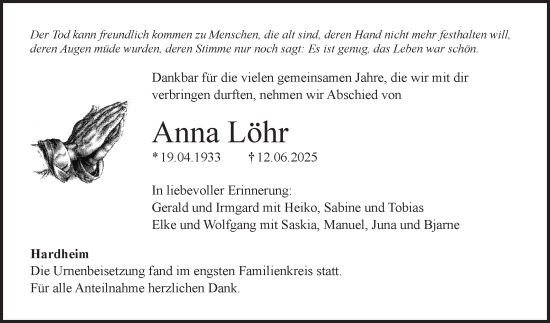 Traueranzeige von Anna Löhr von Fränkische Nachrichten