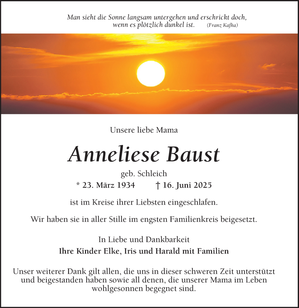 Traueranzeige für Anneliese Baust vom 28.06.2025 aus Schwetzinger Zeitung