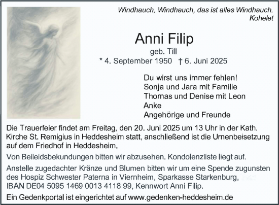 Traueranzeige von Anni Filip von Mannheimer Morgen