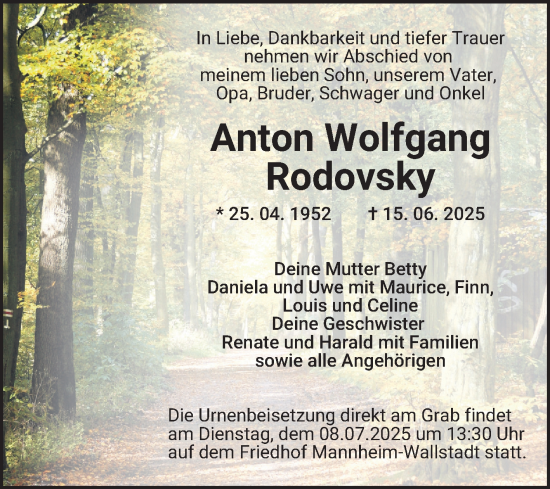 Traueranzeige von Anton Wolfgang Rodovsky von Mannheimer Morgen