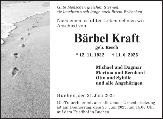 Traueranzeige von Bärbel Kraft von Fränkische Nachrichten