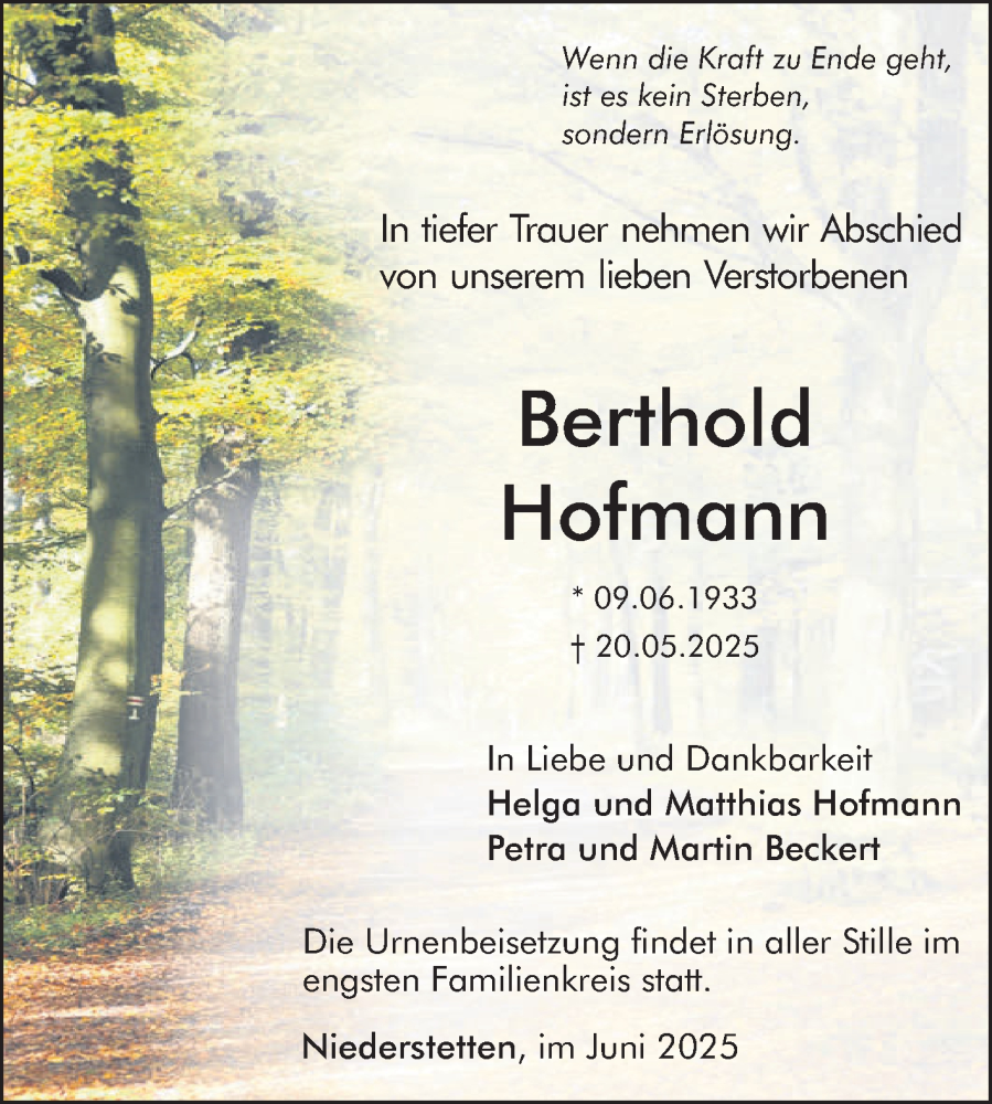 Traueranzeige für Berthold Hofmann vom 03.06.2025 aus Fränkische Nachrichten