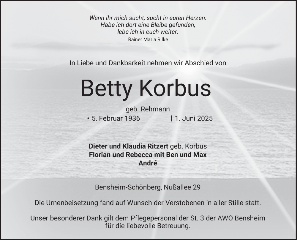 Traueranzeige für Betty Korbus vom 21.06.2025 aus Bergsträßer Anzeiger
