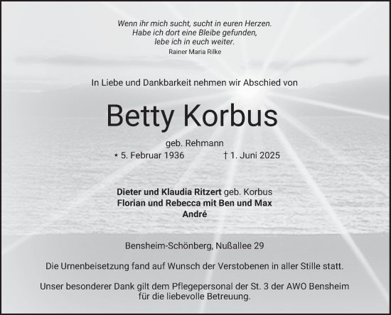 Traueranzeige von Betty Korbus von Bergsträßer Anzeiger