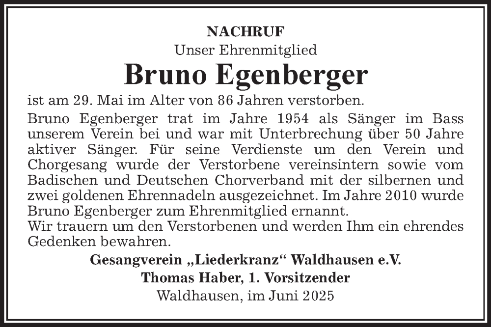  Traueranzeige für Bruno Egenberger vom 13.06.2025 aus Fränkische Nachrichten