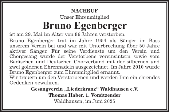 Traueranzeige von Bruno Egenberger von Fränkische Nachrichten