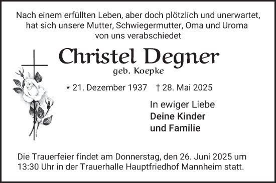 Traueranzeige von Christel Degner von Mannheimer Morgen