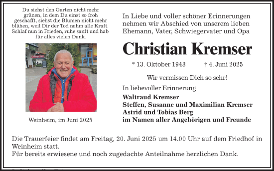 Traueranzeige von Christian Kremser von Mannheimer Morgen