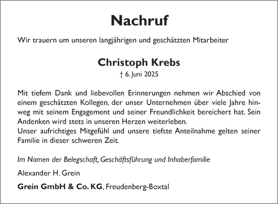 Traueranzeige von Christoph Krebs von Fränkische Nachrichten