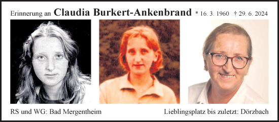 Traueranzeige von Claudia Burkert-Ankenbrand von Fränkische Nachrichten