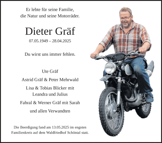 Traueranzeige von Dieter Gräf von Fränkische Nachrichten