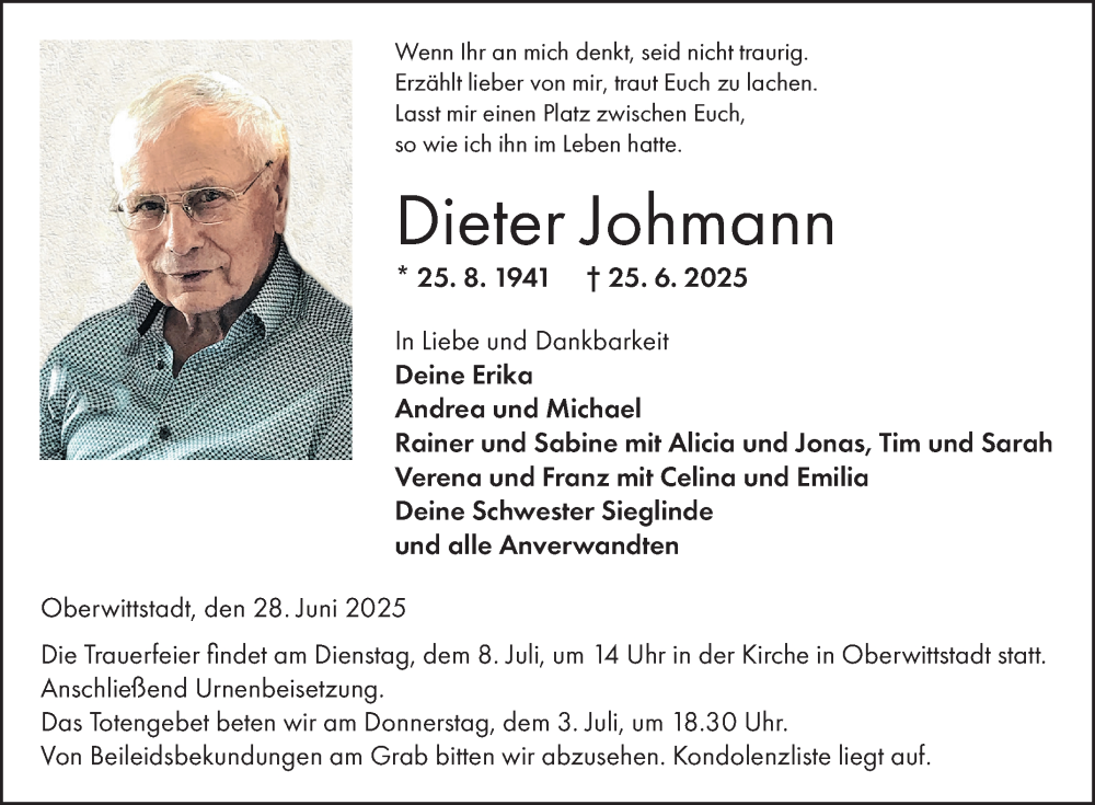  Traueranzeige für Dieter Johmann vom 28.06.2025 aus Fränkische Nachrichten