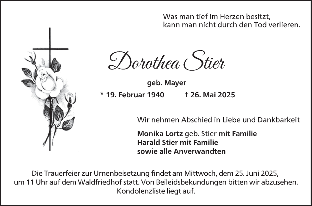  Traueranzeige für Dorothea Stier vom 21.06.2025 aus Bergsträßer Anzeiger