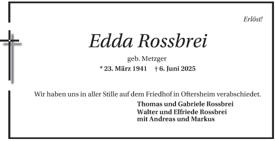 Traueranzeige von Edda Rossbrei von Schwetzinger Zeitung