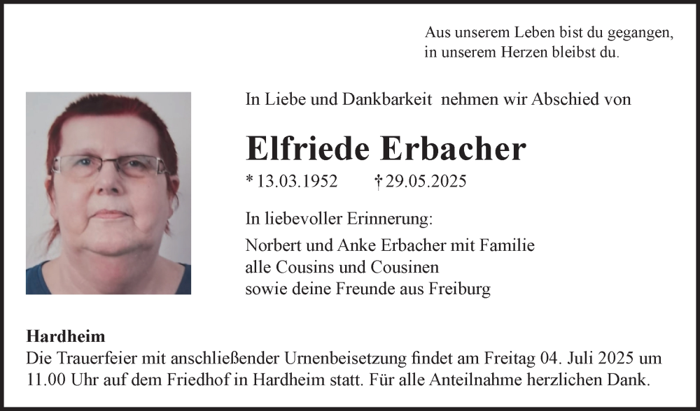  Traueranzeige für Elfriede Erbacher vom 30.06.2025 aus Fränkische Nachrichten