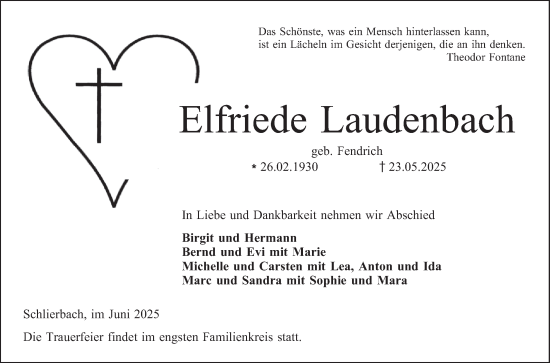 Traueranzeige von Elfriede Laudenbach von Bergsträßer Anzeiger