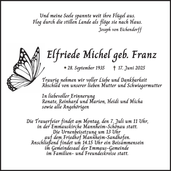 Traueranzeige von Elfriede Michel von Mannheimer Morgen