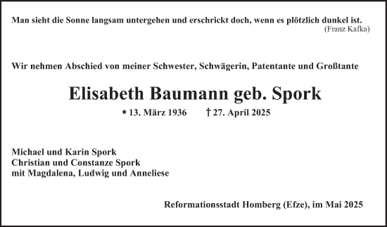 Traueranzeige von Elisabeth Baumann von Schwetzinger Zeitung
