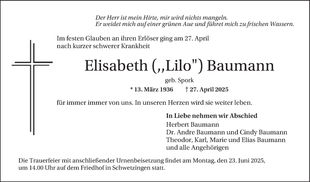  Traueranzeige für Elisabeth Baumann vom 14.06.2025 aus Schwetzinger Zeitung