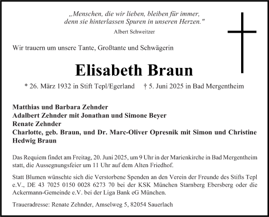 Traueranzeige von Elisabeth Braun von Fränkische Nachrichten