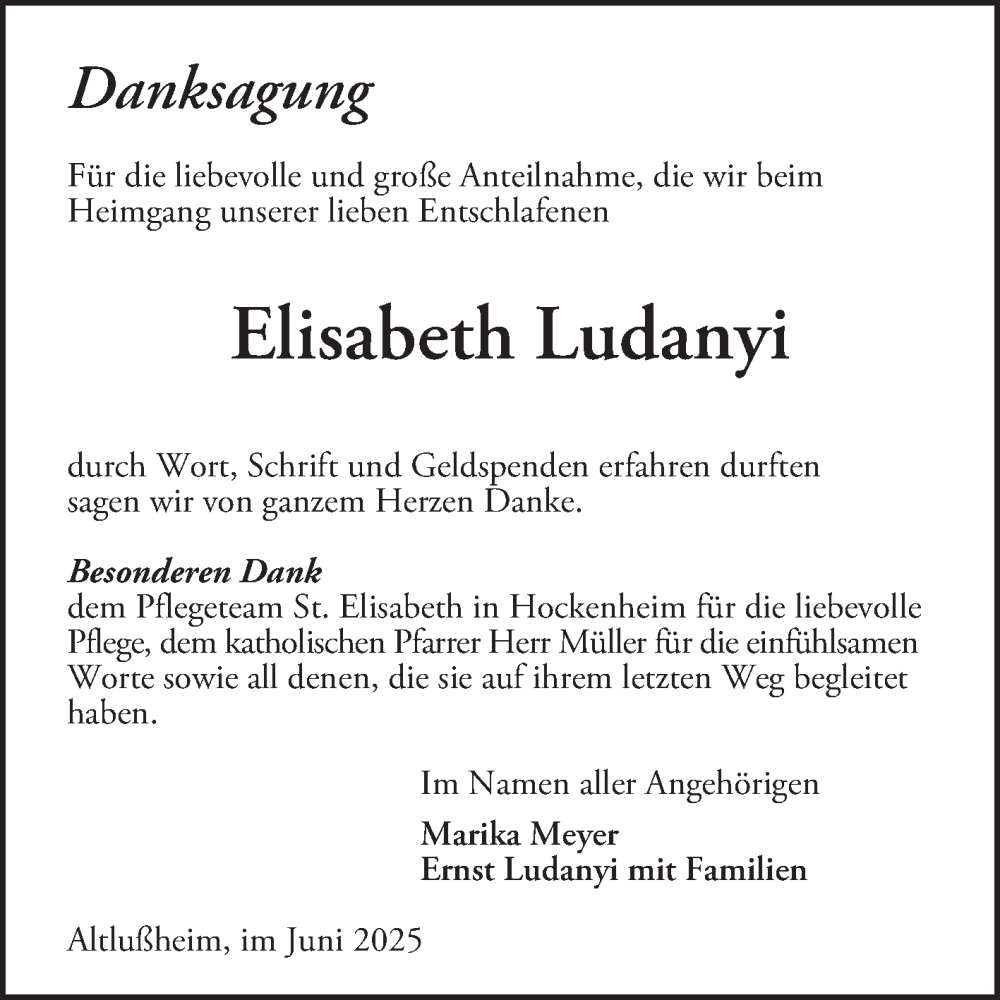  Traueranzeige für Elisabeth Ludanyi vom 14.06.2025 aus Schwetzinger Zeitung