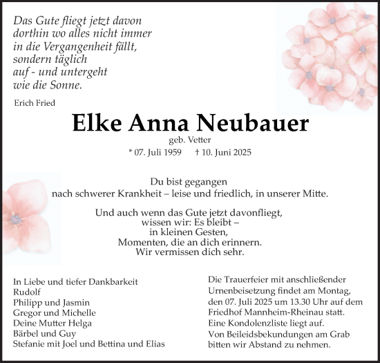 Traueranzeige von Elke Neubauer von Mannheimer Morgen