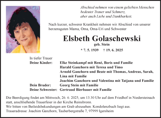 Traueranzeige von Elsbeth Golaschewski von Fränkische Nachrichten