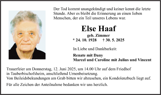 Traueranzeige von Else Haaf von Fränkische Nachrichten