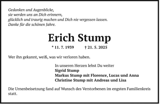 Traueranzeige von Erich Stump von Mannheimer Morgen