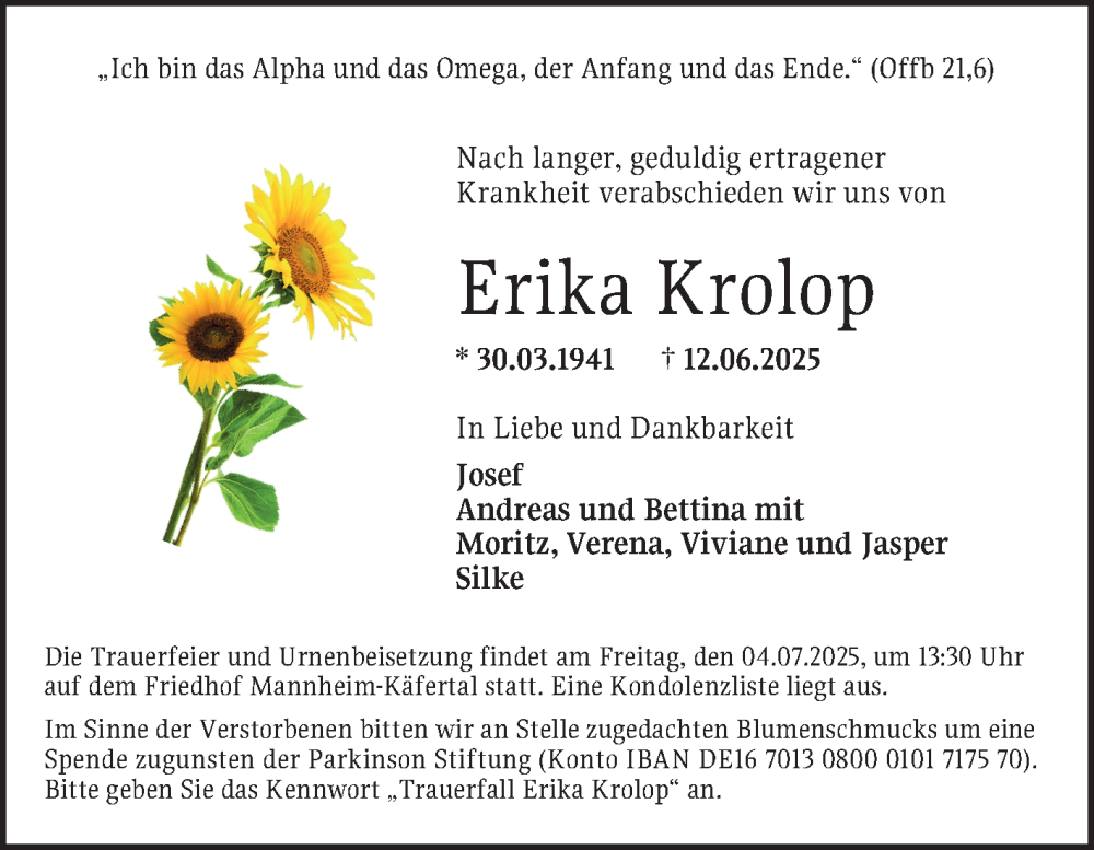  Traueranzeige für Erika Krolop vom 21.06.2025 aus Mannheimer Morgen