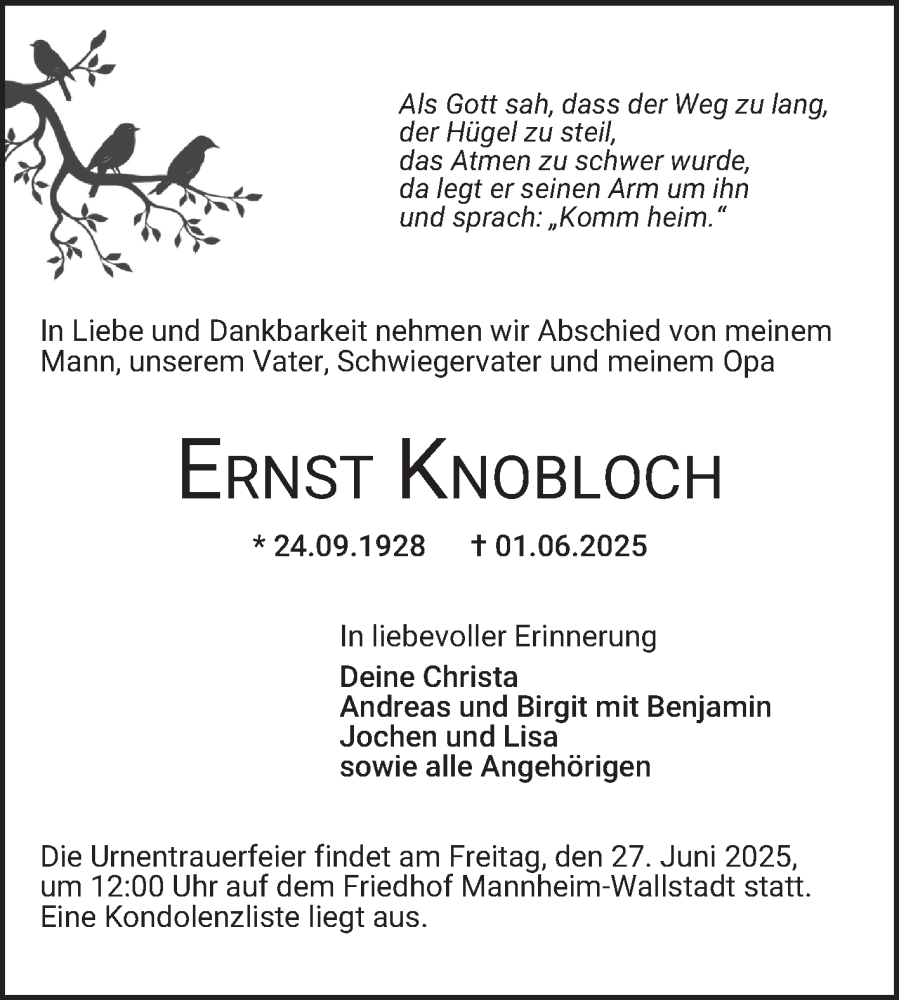  Traueranzeige für Ernst Knobloch vom 21.06.2025 aus Mannheimer Morgen