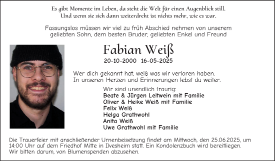 Traueranzeige von Fabian Weiß von Mannheimer Morgen