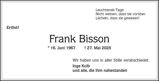 Traueranzeige von Frank Bisson von Schwetzinger Zeitung