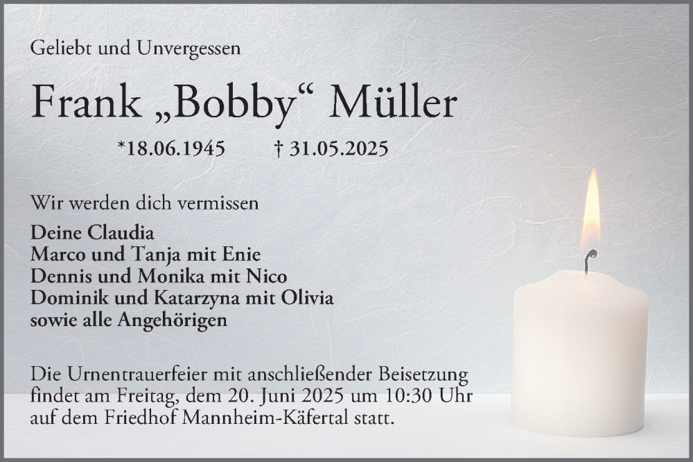  Traueranzeige für Frank Müller vom 14.06.2025 aus Mannheimer Morgen