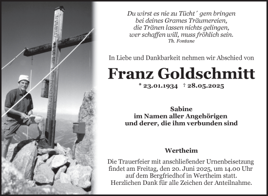 Traueranzeige von Franz Goldschmitt von Fränkische Nachrichten
